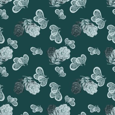 Güller ve dekoratif kalplerle suluboya desenli. Güzel bir düğün baskısı. Herhangi bir tasarım için. 