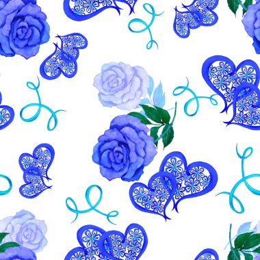 Güller ve dekoratif kalplerle suluboya desenli. Güzel bir düğün baskısı. Herhangi bir tasarım için. 