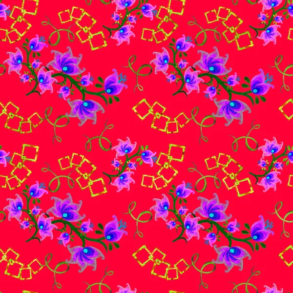 様式化された花や装飾的な要素と水彩シームレスパターン 民族的アジアのパターンに基づく装飾的背景 バンダナ Print — ストック写真