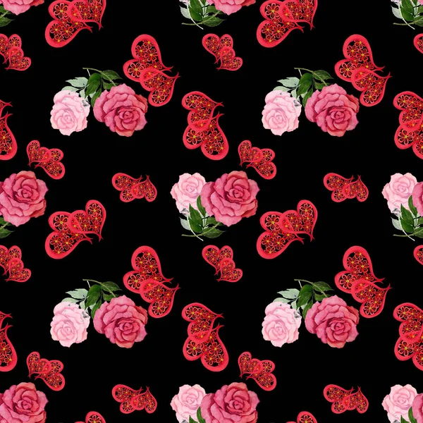 Akwarela Bezszwowy Wzór Róż Dekoracyjnych Serc Piękny Druk Ślubny Dla — Zdjęcie stockowe