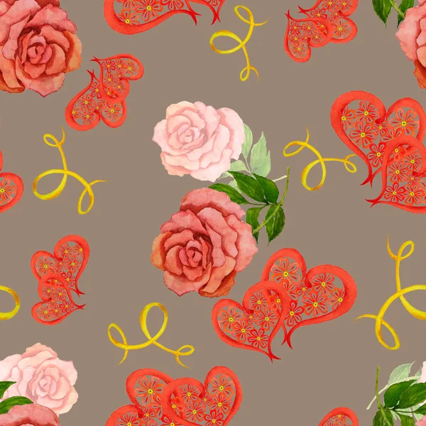 Padrão Sem Costura Aquarela Com Rosas Corações Decorativos Bela Impressão — Fotografia de Stock