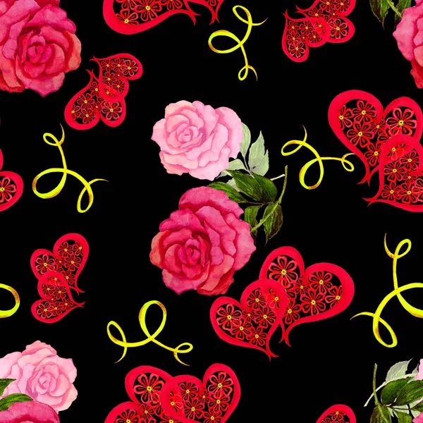 Akvarel Bezešvný Vzor Růžemi Dekorativními Srdci Krásný Svatební Otisk Pro — Stock fotografie