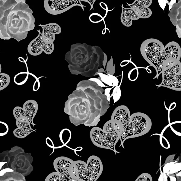 水彩斑斓的图案 玫瑰和装饰的心形 漂亮的婚礼指纹任何类型的设计 — 图库照片