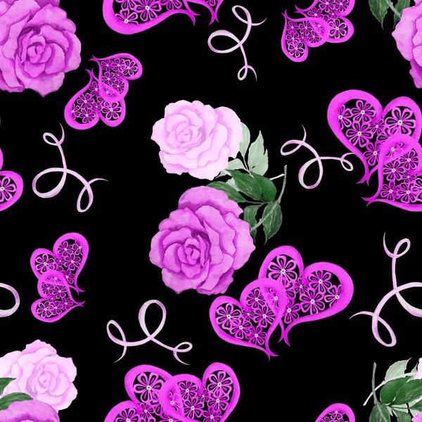 Padrão Sem Costura Aquarela Com Rosas Corações Decorativos Bela Impressão — Fotografia de Stock