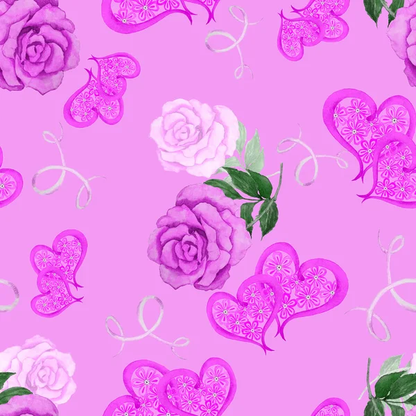 Watercolor Seamless Pattern Roses Decorative Hearts Beautiful Wedding Print Any — Stock Photo, Image