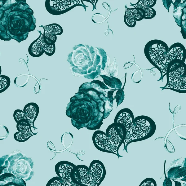 Aquarell Nahtloses Muster Mit Rosen Und Dekorativen Herzen Schöner Hochzeitsdruck — Stockfoto