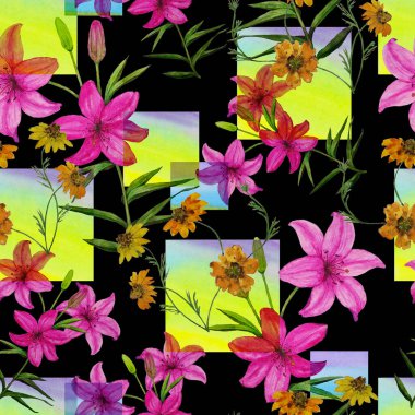 Geometrik arka planda zambak çiçekleri olan dikişsiz suluboya deseni. Çiçekli moda sanatı. Yüzey tasarımı.