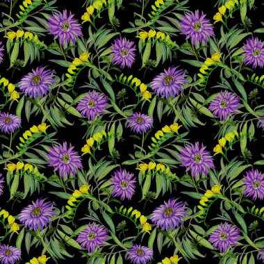 Suluboya desensiz çiçek açan kasımpatılar. Dekoratif çiçek arkaplanı. Güzel yaz baskısı.