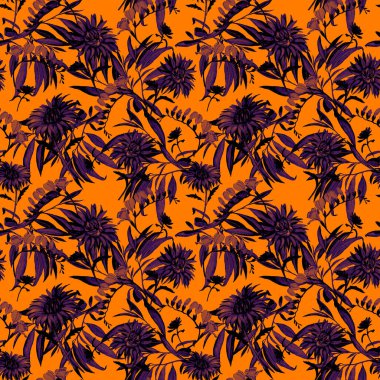 Suluboya desensiz çiçek açan kasımpatılar. Dekoratif çiçek arkaplanı. Güzel yaz baskısı.