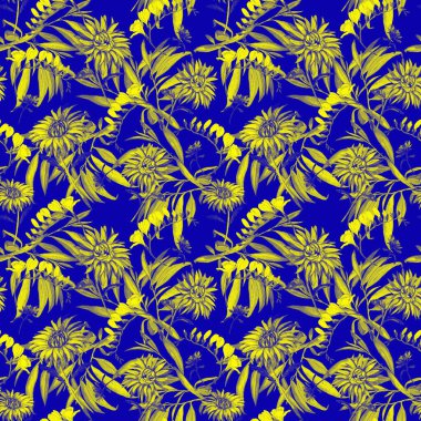 Suluboya desensiz çiçek açan kasımpatılar. Dekoratif çiçek arkaplanı. Güzel yaz baskısı.