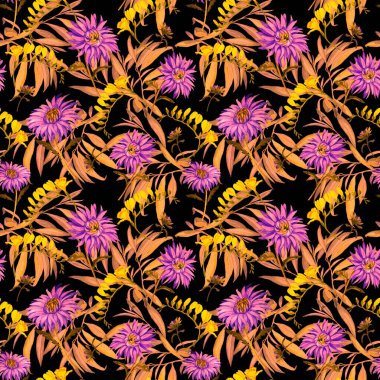 Suluboya desensiz çiçek açan kasımpatılar. Dekoratif çiçek arkaplanı. Güzel yaz baskısı.