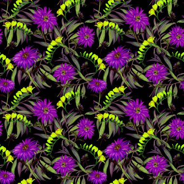 Suluboya desensiz çiçek açan kasımpatılar. Dekoratif çiçek arkaplanı. Güzel yaz baskısı.