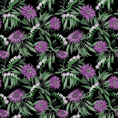 Suluboya desensiz çiçek açan kasımpatılar. Dekoratif çiçek arkaplanı. Güzel yaz baskısı.