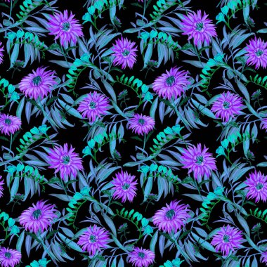 Suluboya desensiz çiçek açan kasımpatılar. Dekoratif çiçek arkaplanı. Güzel yaz baskısı.