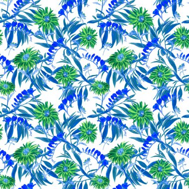 Suluboya desensiz çiçek açan kasımpatılar. Dekoratif çiçek arkaplanı. Güzel yaz baskısı.