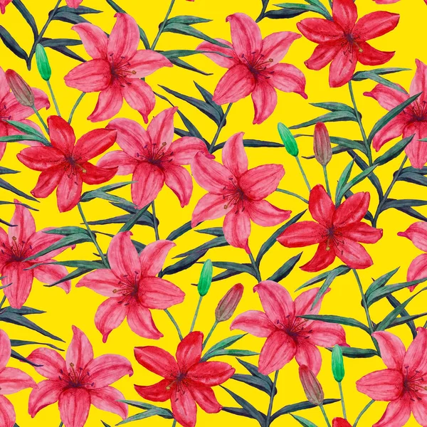 水彩画图案无缝 百合花盛开 花式时尚艺术 夏季贺卡 — 图库照片