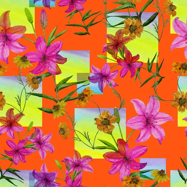 Aquarell Nahtloses Muster Mit Lilienblüten Auf Geometrischem Hintergrund Florale Modekunst — Stockfoto