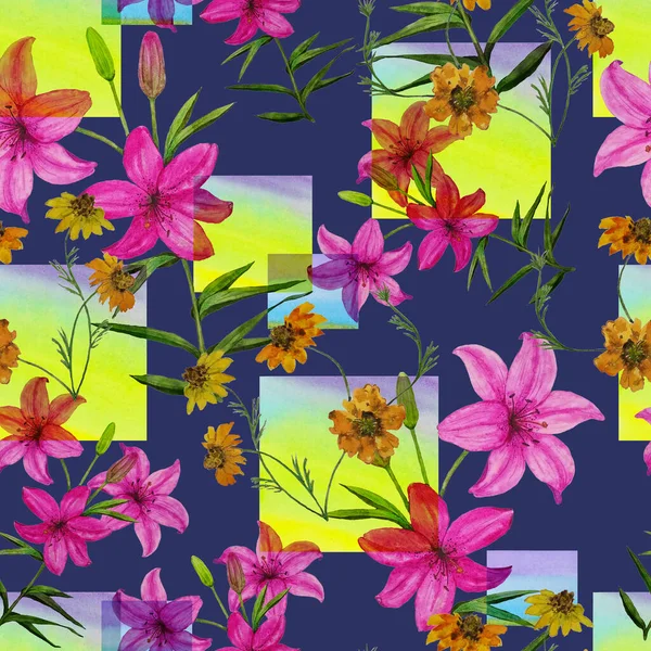 Aquarell Nahtloses Muster Mit Lilienblüten Auf Geometrischem Hintergrund Florale Modekunst — Stockfoto