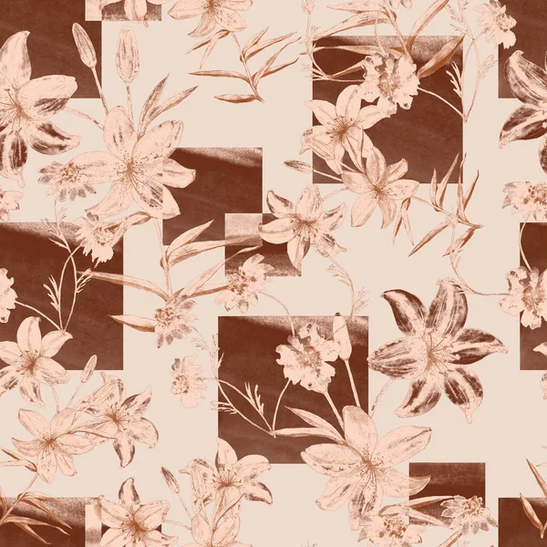 Patrón Sin Costuras Acuarela Con Flores Lirio Sobre Fondo Geométrico — Foto de Stock