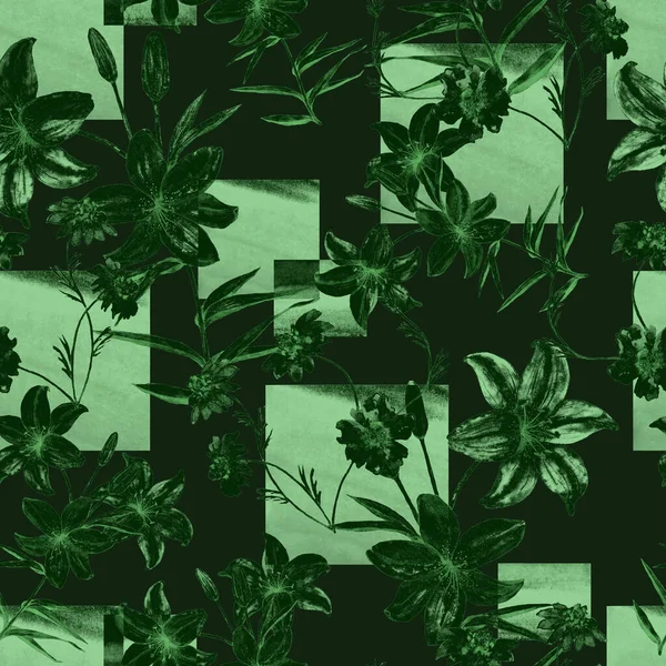 Geometrik arka planda zambak çiçekleri olan dikişsiz suluboya deseni. Çiçekli moda sanatı. Yüzey tasarımı.