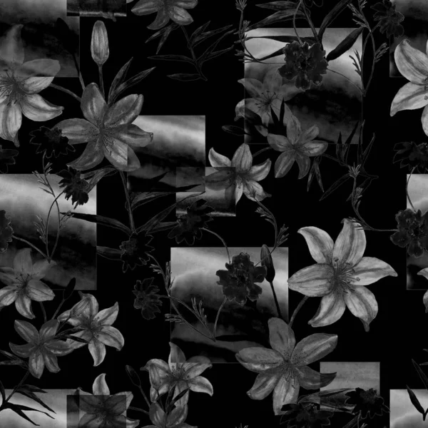 Υδατογραφία Αδιάλειπτη Μοτίβο Λουλούδια Κρίνου Γεωμετρικό Φόντο Floral Τέχνη Της — Φωτογραφία Αρχείου