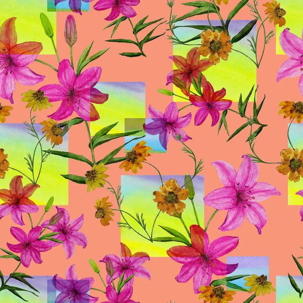幾何学的背景にユリの花と水彩シームレスパターン 花のファッションアート 表面設計 — ストック写真