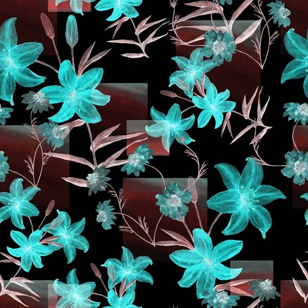 Akwarela Bezszwowy Wzór Lilii Kwiaty Geometrycznym Tle Kwiatowa Sztuka Mody — Zdjęcie stockowe
