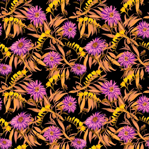 Suluboya desensiz çiçek açan kasımpatılar. Dekoratif çiçek arkaplanı. Güzel yaz baskısı.