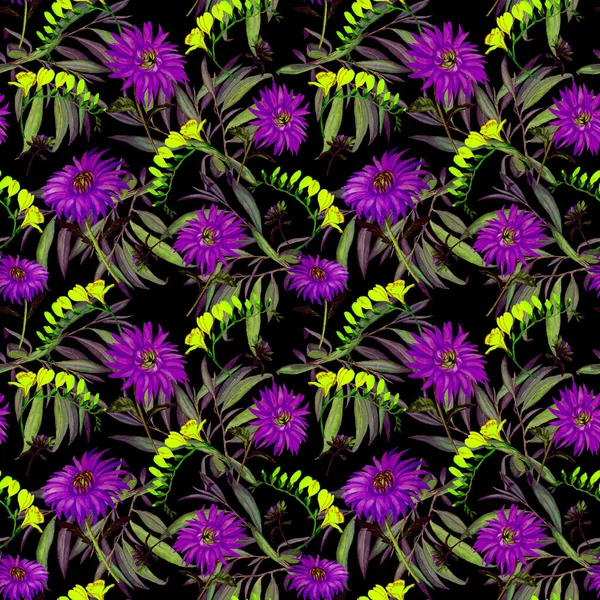 Suluboya desensiz çiçek açan kasımpatılar. Dekoratif çiçek arkaplanı. Güzel yaz baskısı.