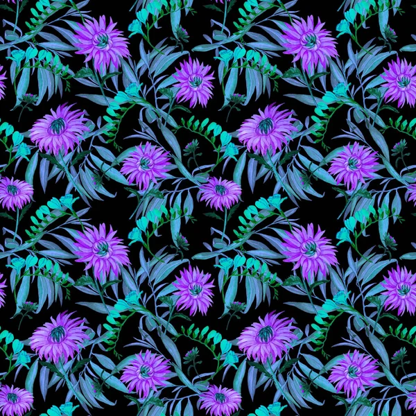 Suluboya desensiz çiçek açan kasımpatılar. Dekoratif çiçek arkaplanı. Güzel yaz baskısı.