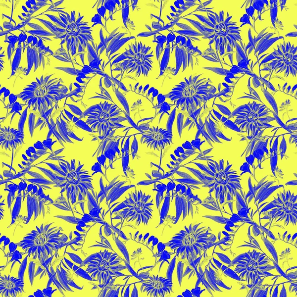 Suluboya desensiz çiçek açan kasımpatılar. Dekoratif çiçek arkaplanı. Güzel yaz baskısı.