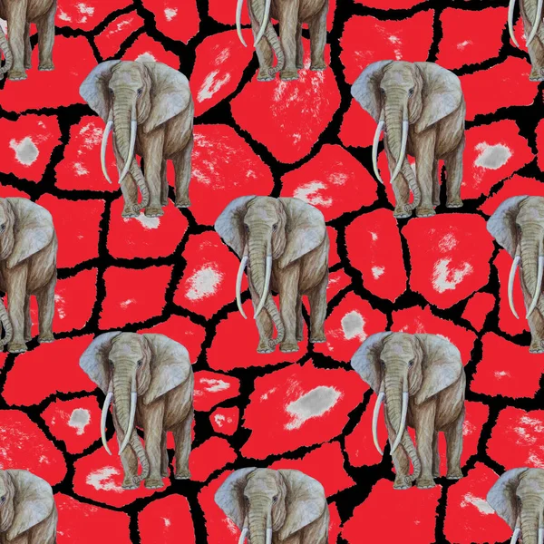Watercolor seamless pattern with elephants on animalistic background. Artwork in modern style. Creative print.