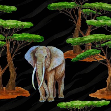 Hayvani bir geçmişi olan filli suluboya desenli. Modern tarzda sanat eserleri. Yaratıcı baskı.