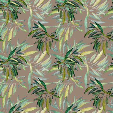 Söğüt yapraklı, dikişsiz suluboya desen. Güzel sanat baskısı. Kumaş dokusu arkaplanı. 