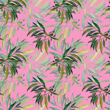 Söğüt yapraklı, dikişsiz suluboya desen. Güzel sanat baskısı. Kumaş dokusu arkaplanı. 