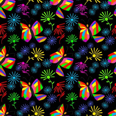 Soyut kelebeklerle dekoratif, pürüzsüz desen. Güzel bir yaz baskısı. Renkli yaratıcı desen.