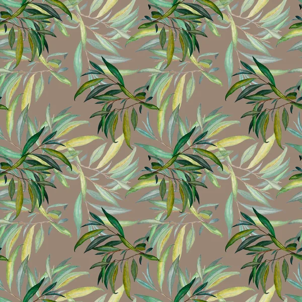 Watercolor seamless pattern with willow leaves. Beautiful art print. Fabric texture background. 