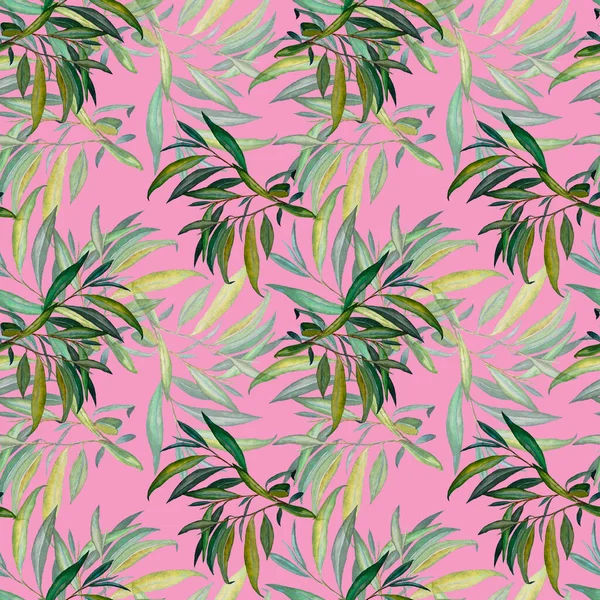 Watercolor seamless pattern with willow leaves. Beautiful art print. Fabric texture background. 