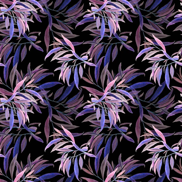 Watercolor seamless pattern with willow leaves. Beautiful art print. Fabric texture background. 