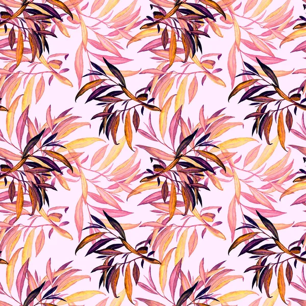 Watercolor seamless pattern with willow leaves. Beautiful art print. Fabric texture background. 