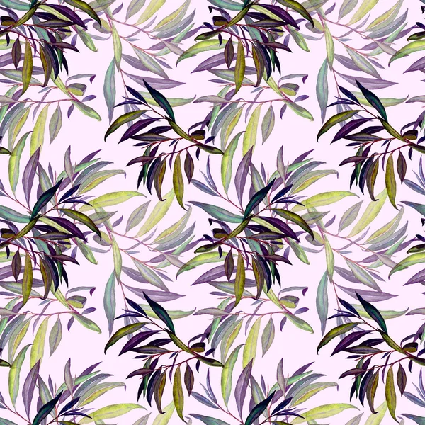 Watercolor seamless pattern with willow leaves. Beautiful art print. Fabric texture background. 