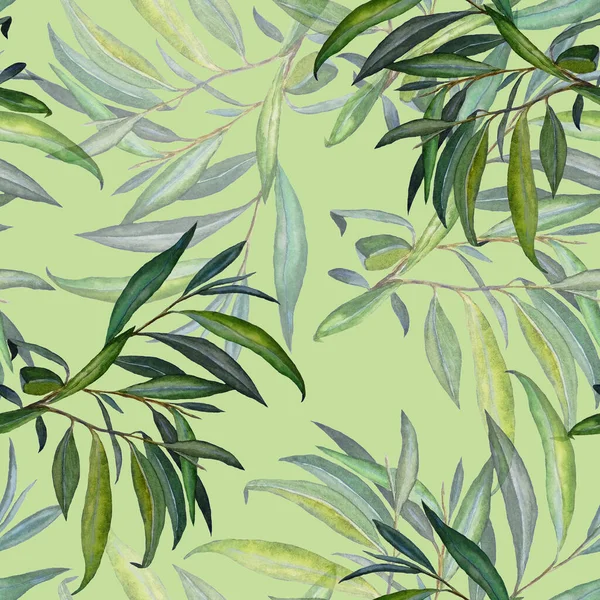 Watercolor seamless pattern with willow leaves. Beautiful art print. Fabric texture background. 