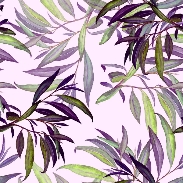 柳の葉と水彩シームレスパターン 美しいアートプリント 生地の質感の背景 — ストック写真