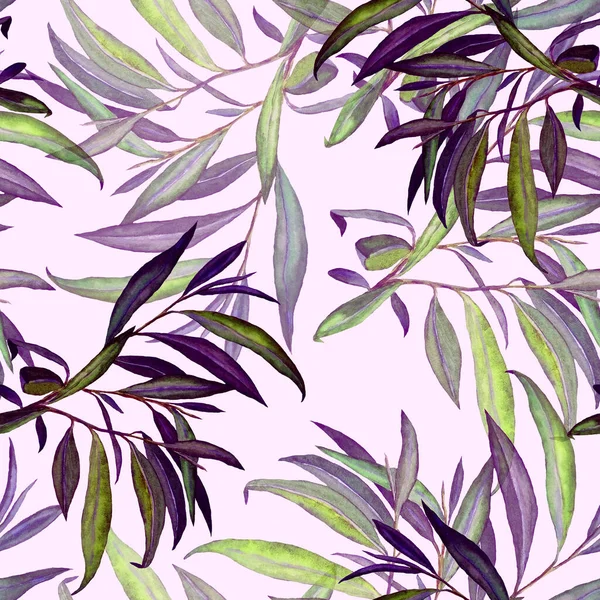 Watercolor seamless pattern with willow leaves. Beautiful art print. Fabric texture background. 
