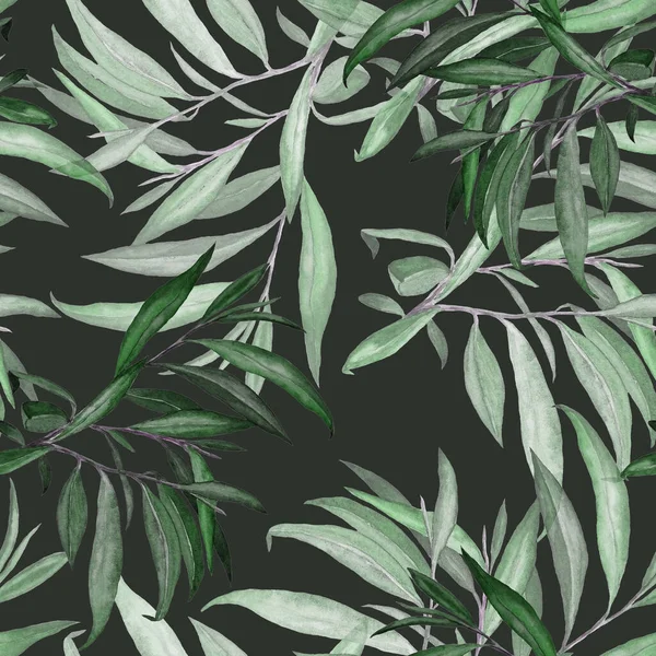 Watercolor seamless pattern with willow leaves. Beautiful art print. Fabric texture background. 