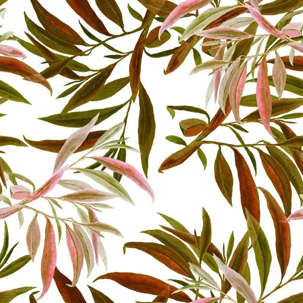 Akvarell Zökkenőmentes Minta Fűzfa Levelekkel Gyönyörű Festmény Szöveti Textúra Háttér — Stock Fotó