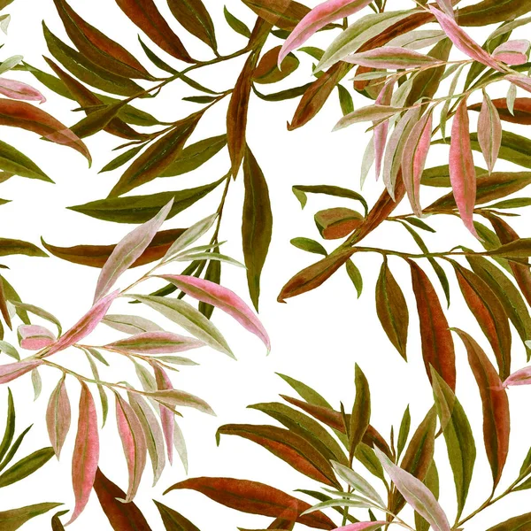Watercolor seamless pattern with willow leaves. Beautiful art print. Fabric texture background. 