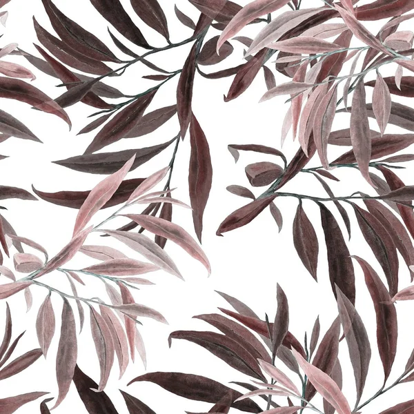 Watercolor seamless pattern with willow leaves. Beautiful art print. Fabric texture background. 