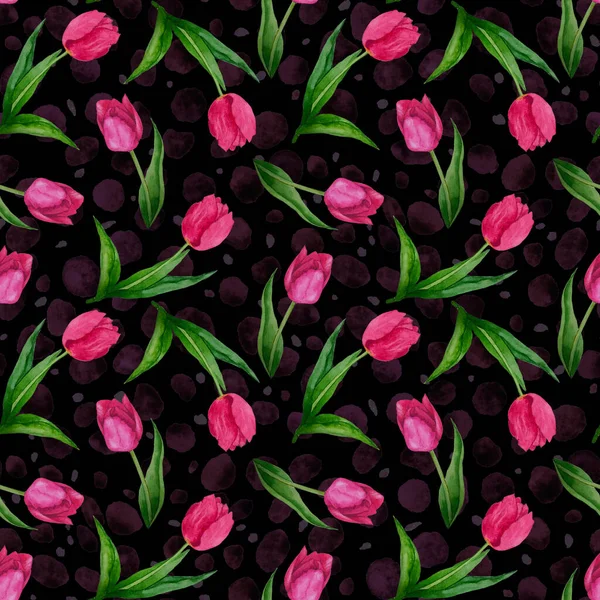 Watercolor seamless pattern with tulip flowers on animal background. Beautiful creative floral print. For surface design.