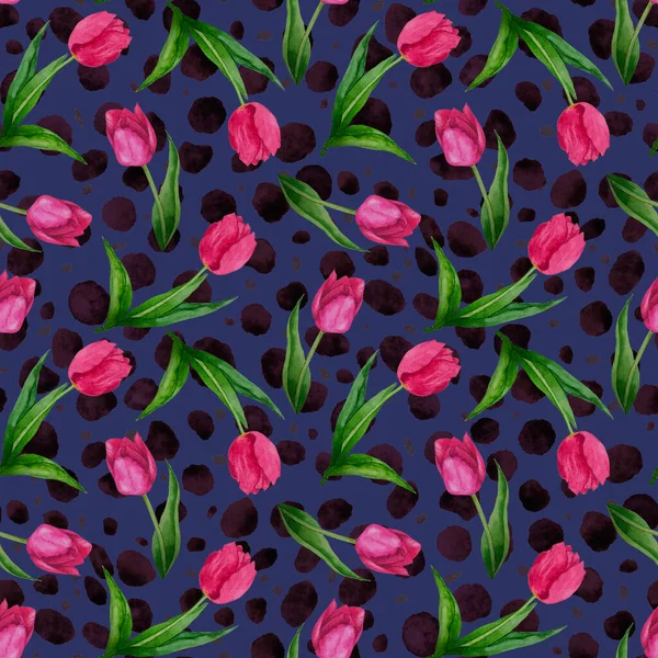 Akvarel Bezešvný Vzor Tulipánem Květiny Zvířecím Pozadí Krásný Kreativní Květinový — Stock fotografie